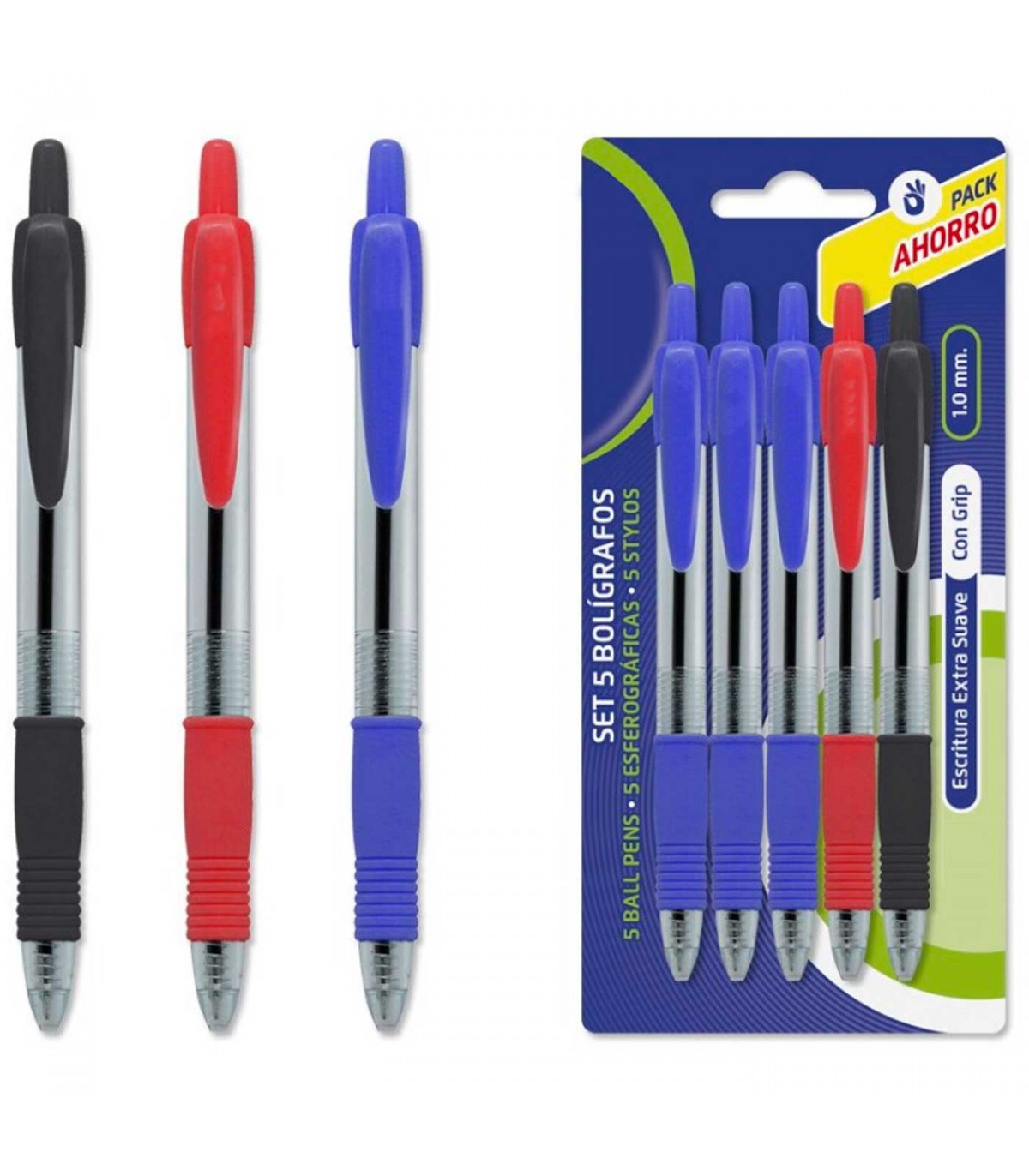 Tradineur - Pack de 5 bolígrafos de colores, tinta gel, punta de bola de 1  mm y grip ergonómico, escritura suave y precisa, uso
