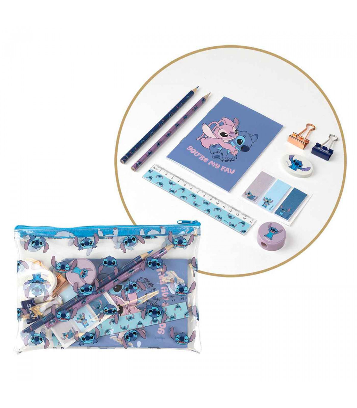 Tradineur - Set de papelería escolar de Lilo & Stitch con estuche, libreta,  2 lápices, afila lápiz, goma de borrar, regla, marca