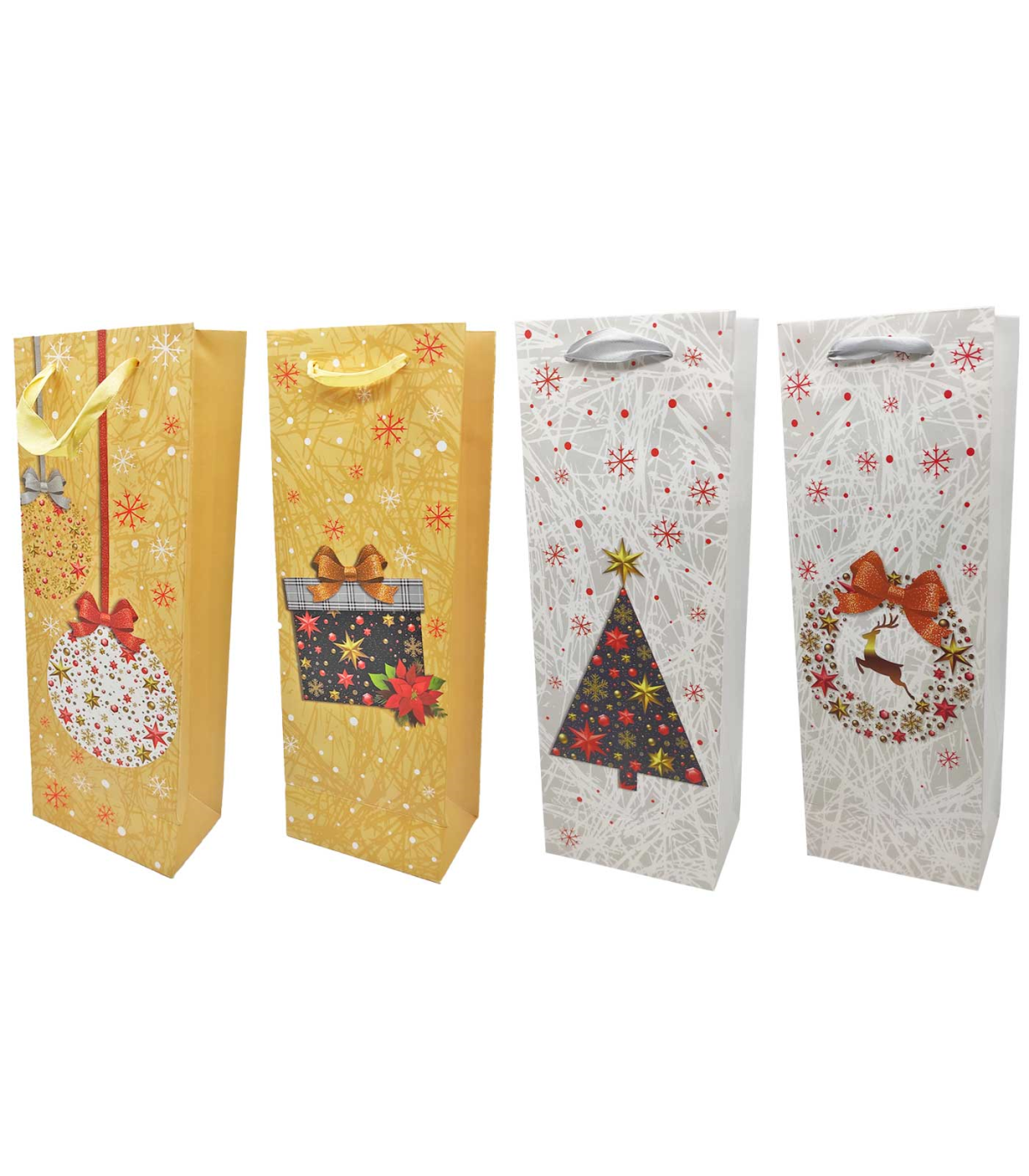 Tradineur - Bolsa de cartón para botella de vino con diseños navideños,  bolsa de regalo con asas para envolver champán, 36 x 12