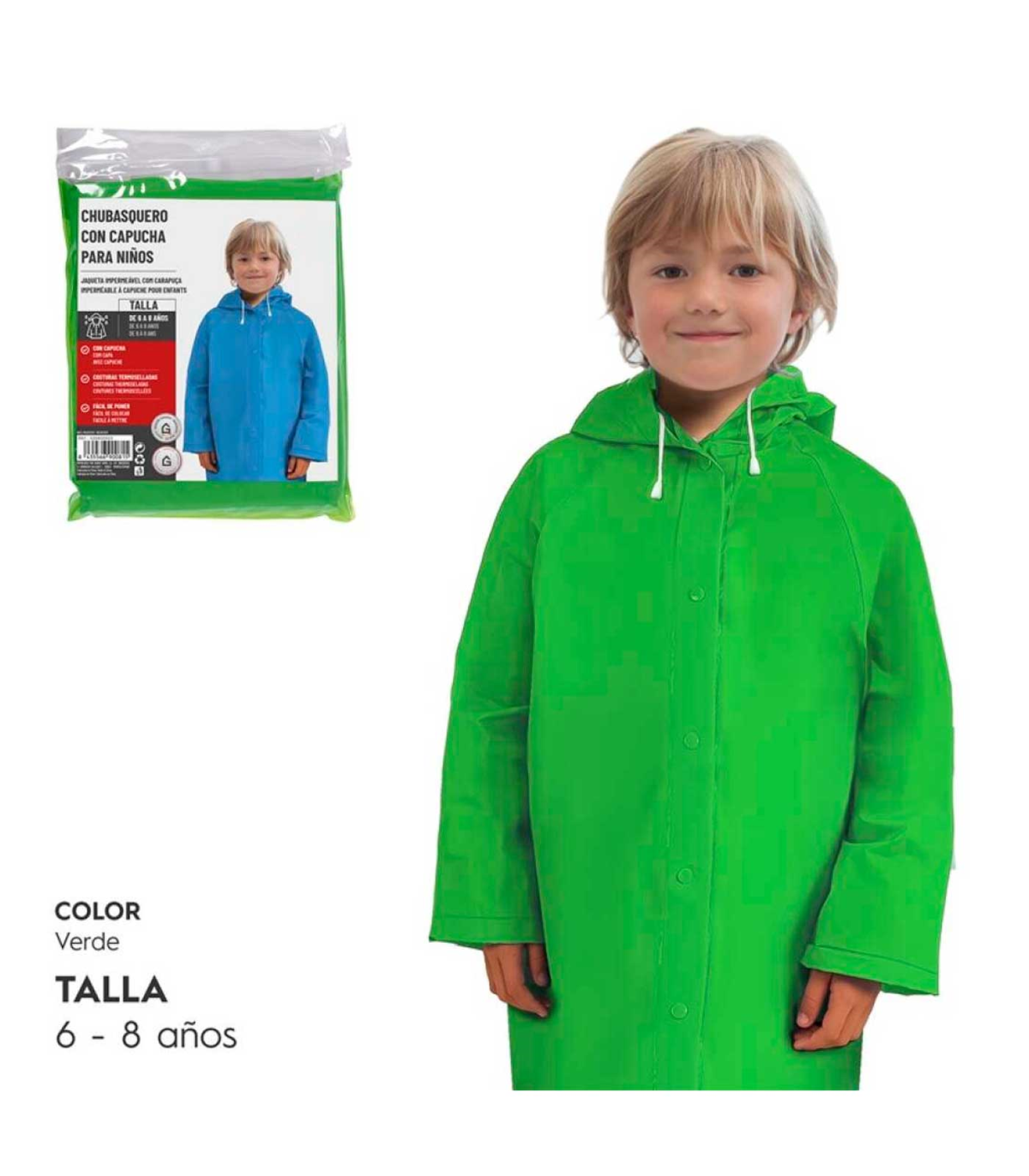 Tradineur - Chubasquero con capucha para niños - Fabricado al 100%  poliéster - Costura termoselladas - Talla para niños de 6 - 8