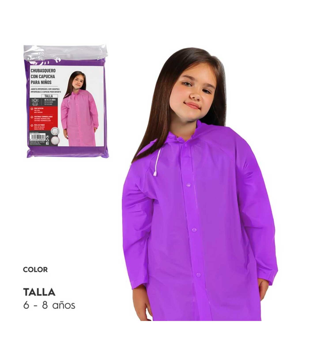 Tradineur - Chubasquero con capucha para niñas - Fabricado en poliéster -  Costura termoselladas - Talla para niños de 6 - 8 años