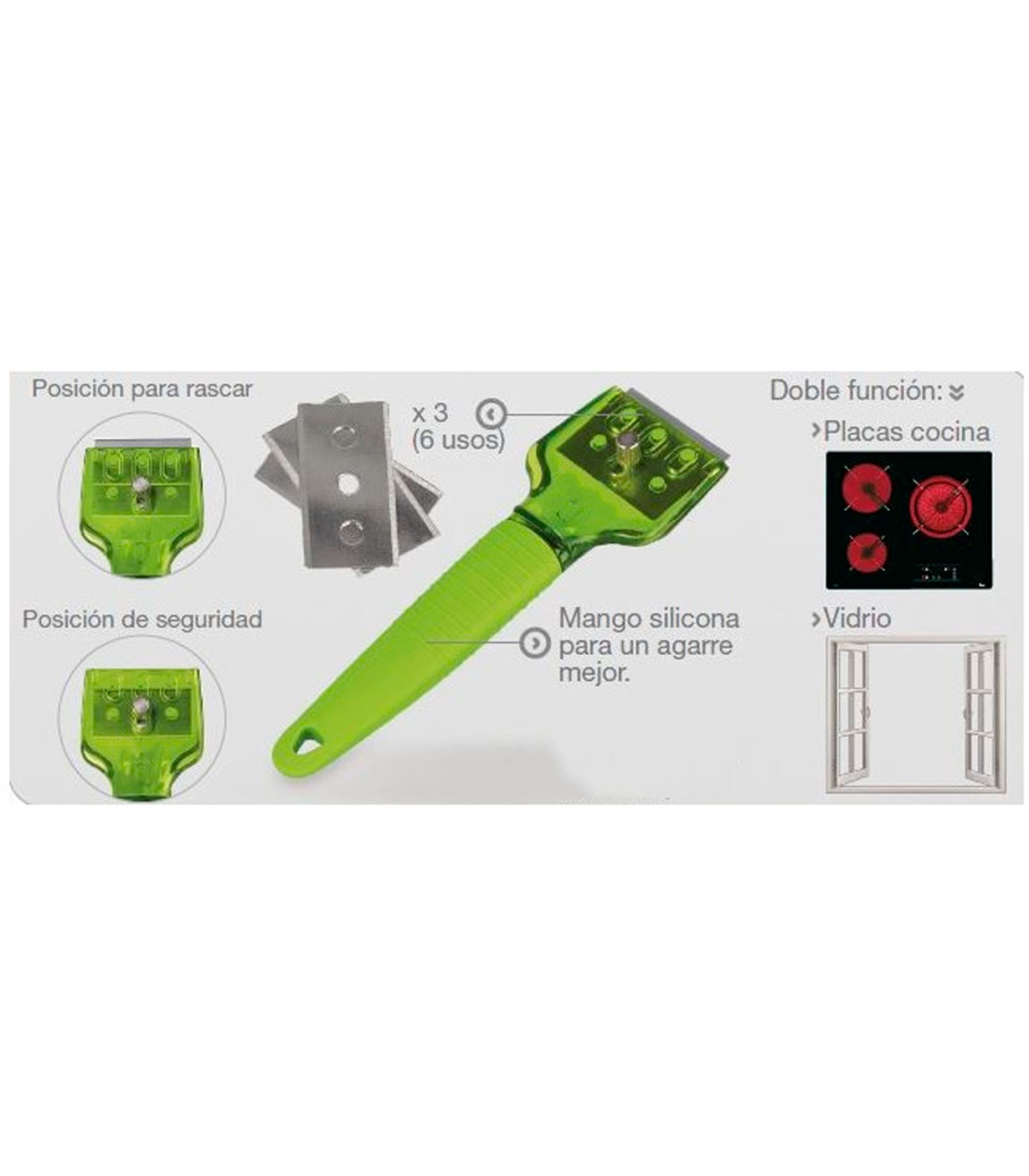 Tradineur - Rascador de vidrio y vitrocerámica, rasqueta placas inducción,  incluye 3 cuchillas, mango de silicona, protector de