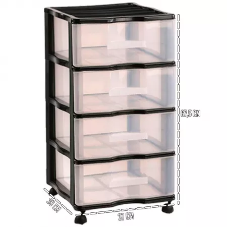 Cajonera 4 Cajones Plástico Negra con Ruedas y Transparente