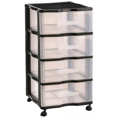 Cajonera 4 Cajones Plástico Negra con Ruedas y Transparente