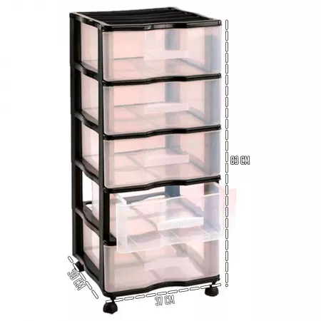 Cajonera 5 Cajones Negra con Ruedas y Transparente Compacta