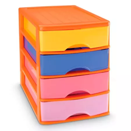 Tradineur - Cajonera sobremesa naranja 4 cajones multicolor 35 x 27 x 35,5 cm. Torre de almacenaje multiusos, organizador auxili