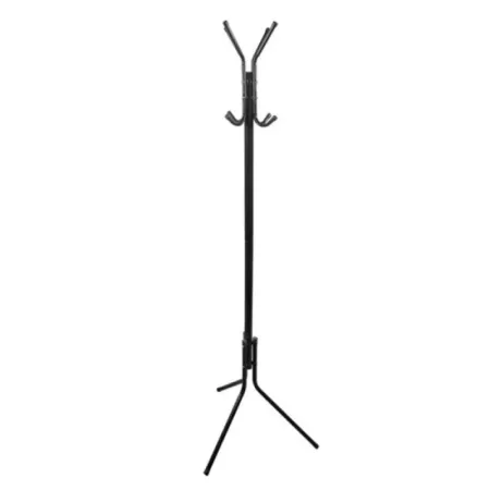 Perchero de pie metálico negro 8 ganchos 170 x 48 cm. Soporte para abrigos y sombreros, estilo minimalista, para recibidor u ofi