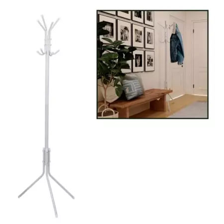 Tradineur - Perchero de pie metálico blanco 8 ganchos 170 x 48 cm. Soporte para abrigos y sombreros, estilo minimalista, para re
