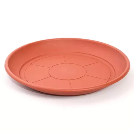 Pack de 6 platos de plástico marrón para macetas de 30-40 cm "Mediterránea". Bandejas, platillos redondos para tiestos de interi