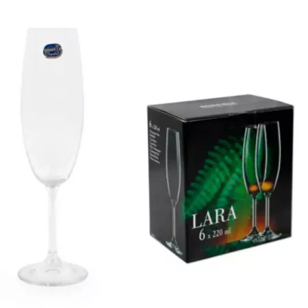 Set de 6 copas de champán de cristal 220 ml. Pack, juego copas cava flauta, borde fino, tallo largo, celebraciones, fiestas