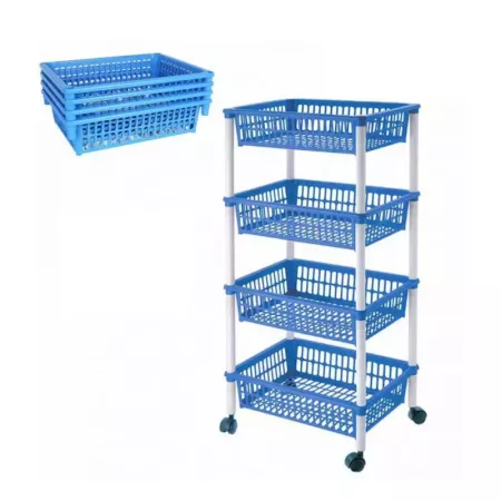 Carro verdulero Modelo PLFT azul con ruedas 4 cestas 85 x 39,5 x 29,5 cm . Carrito portaobjetos estantes multiusos para organiza