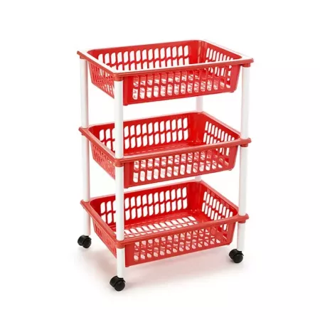 Tradineur - Carro verdulero rojo modelo PLFT con ruedas 3 cestas 40 x 30 x 61,5 cm . Carrito portaobjetos estantes multiusos par