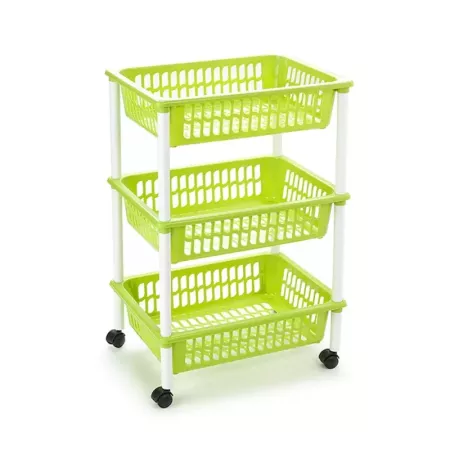 Tradineur -  Carro verdulero verde pistacho modelo PLFT 3 cestas y ruedas 40 x 30 x 61,5 cm . Carrito portaobjetos estantes mult