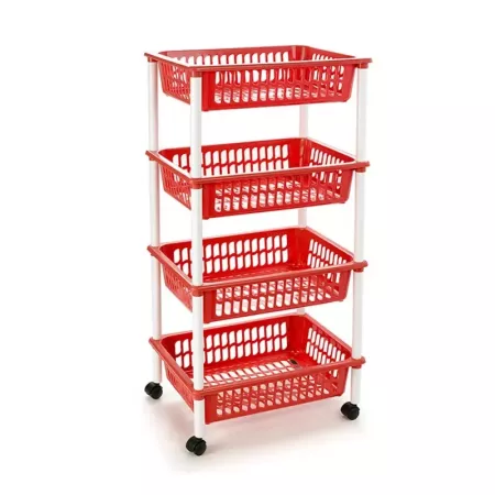 Tradineur -  Carro verdulero rojo modelo PLFT con ruedas 4 cestas 85 x 40 x 30 cm . Carrito portaobjetos estantes multiusos para