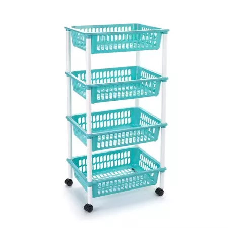Tradineur -  Carro verdulero turquesa modelo PLFT con ruedas 4 cestas 85 x 40 x 30 cm . Carrito portaobjetos estantes multiusos