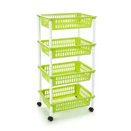 Tradineur -  Carro verdulero verde pistacho modelo PLFT con ruedas 4 cestas 85 x 40 x 30 cm . Carrito portaobjetos estantes mult