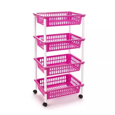 Tradineur -  Carro verdulero rosa modelo PLFT con ruedas 4 cestas 85 x 40 x 30 cm . Carrito portaobjetos estantes multiusos para