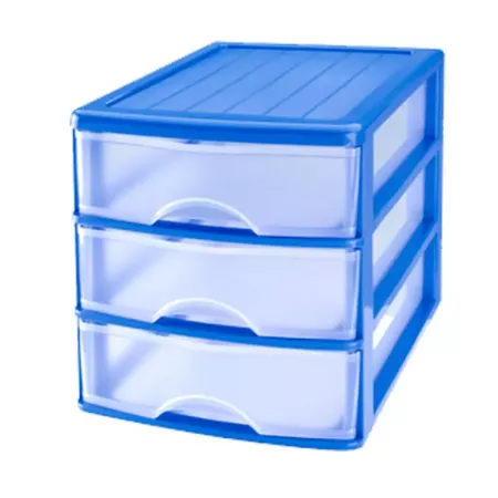 Plastic Forte - Cajonera de sobremesa guadiana, azul, 3 cajones transparentes 18 x 17 x 21,5 cm. Torre de almacenaje multiusos,