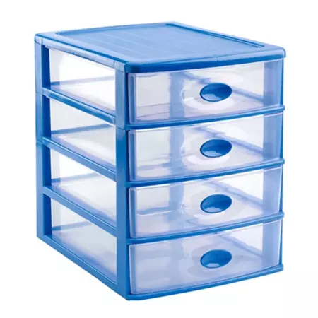 Tradineur - Cajonera de sobremesa loira, plástico azul con 4 cajones transparentes 35 x 27 x 35,5 cm, torre almacenaje multiusos