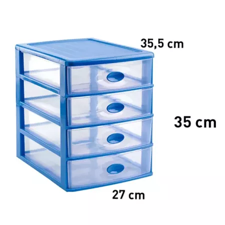 Tradineur - Cajonera de sobremesa loira, plástico azul con 4 cajones transparentes 35 x 27 x 35,5 cm, torre almacenaje multiusos