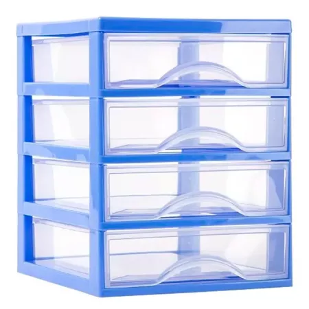 Tradineur - Cajonera de sobremesa guadiana multiusos de plástico, 4 cajones transparentes, fabricada en España (Azul, 22,5 x 18