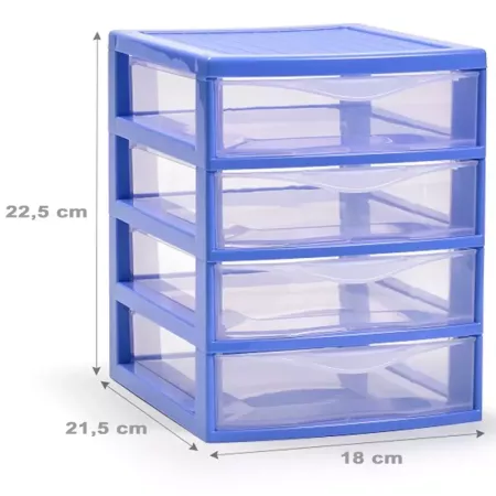 Tradineur - Cajonera de sobremesa guadiana multiusos de plástico, 4 cajones transparentes, fabricada en España (Azul, 22,5 x 18