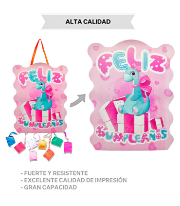 Piñata de dinosaurio rosa, feliz cumpleaños, cartón, rellenar con  golosinas, chuches, decoración infantil para fiest
