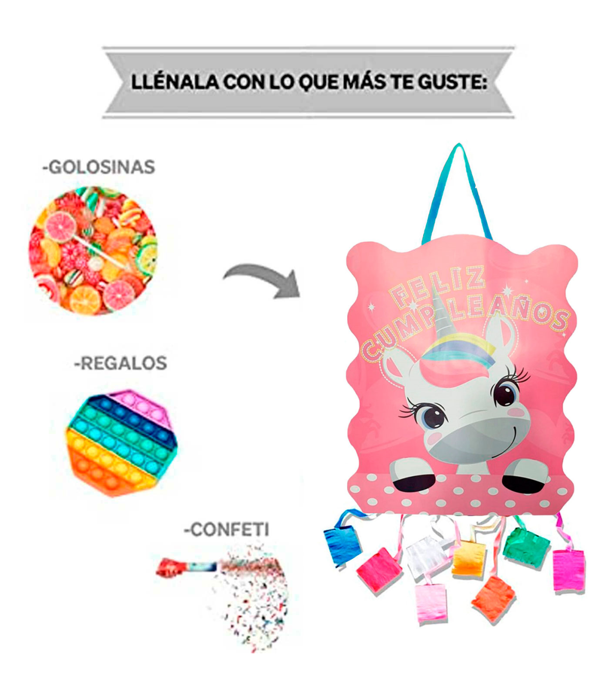 Piñata arco iris de cartón, feliz cumpleaños, para rellenar con golosinas,  chuches, niños, decoración infantil para fiestas (Ros