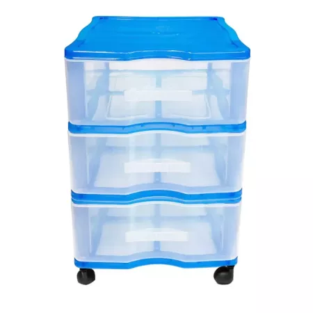 Cajonera azul wagon 3 cajones con ruedas 51.5 x 36.5 x 38 cm.  Contenedor de plástico para folios especial para oficina u hogar.