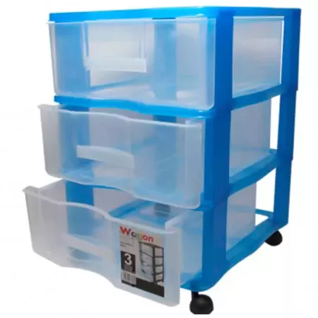 Cajonera azul wagon 3 cajones con ruedas 51.5 x 36.5 x 38 cm.  Contenedor de plástico para folios especial para oficina u hogar.