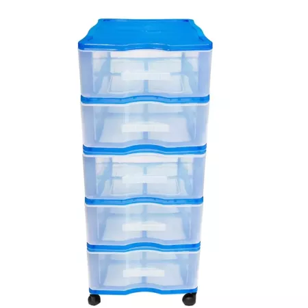 Cajonera de 5 cajones, de color azul, wagon con ruedas 83,1 x 37 x 39,3 cm.  Contenedor de plástico para folios especial para of