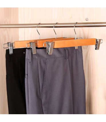 Tradineur - Pack de 3 perchas de madera con pinzas metálicas para  pantalones, perchas para ropa, faldas, ahorro de espacio, anti