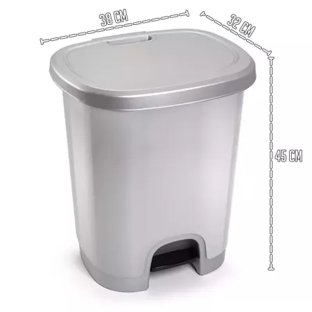Tradineur - Cubo de basura con pedal - Fabricado en Plástico - Capacidad de 27 Litros - 45 x 38 x 32 cm - Color Plata.