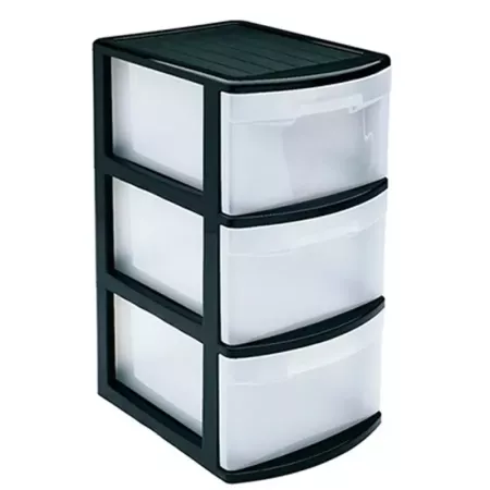 Tradineur - Cajonera támesis de plástico negro, 3 cajones transparentes, 61 x 27,5 x 39,2 cm, torre de almacenaje y organización