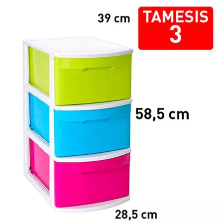 Tradineur - Cajonera támesis 3 cajones de color sutido de 61 x 27,5 x 39,2 cm, Cajonera plástico 3 cajones sin ruedas multiusos