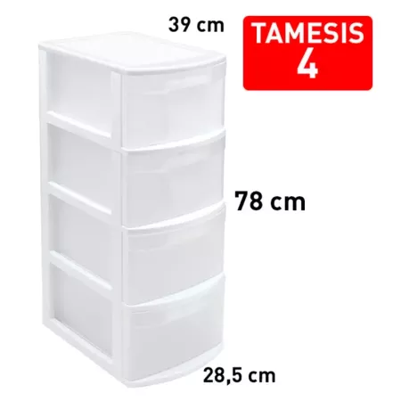 Tradineur - Cajonera color blanco, tipo támesis de 4 cajones, 78 x 28,5 x 39 cm, torre almacenaje multiusos, organización, ideal