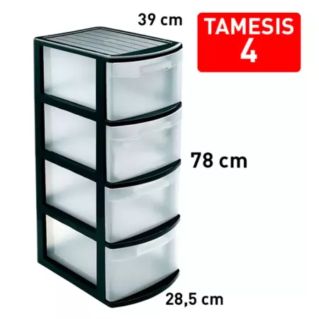 Tradineur - Cajonera color negro, tipo támesis de 4 cajones, 78 x 28,5 x 39 cm, torre almacenaje multiusos, organización, ideal