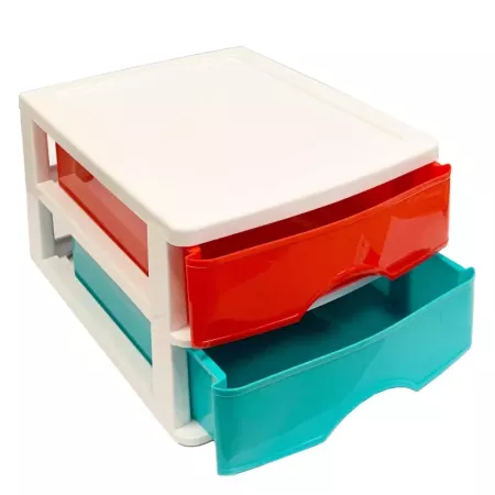 Tradineur - Cajonera de sobremesa 2 cajones de color surtido de 17,5 x 26 x 35 cm, Cajonera plástico 2 cajones para mesa multius