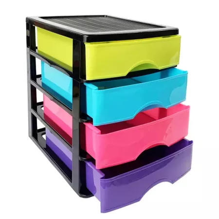 Tradineur - Cajonera de sobremesa 4 cajones de color surtido de 35 x 27 x 35,5 cm, Cajonera plástico 4 cajones para mesa multius