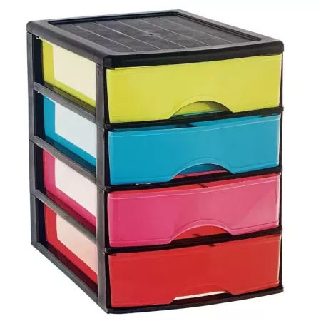 Tradineur - Cajonera de sobremesa 4 cajones de color surtido de 35 x 27 x 35,5 cm, Cajonera plástico 4 cajones para mesa multius