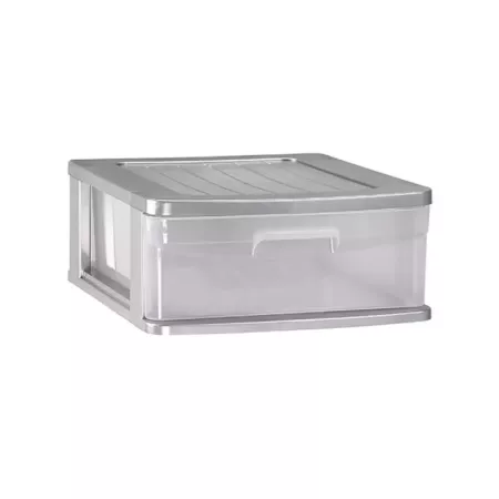 Tradineur - Cajonera sena 1 cajón, plástico, gris plata, 17,5 x 39 x 40 cm, cajón de almacenaje transparente, organizador auxili