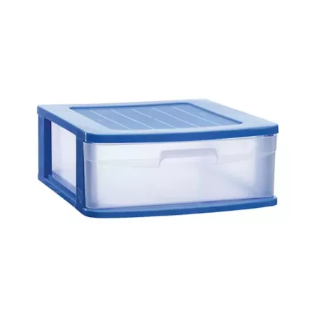 Tradineur - Cajonera sena 1 cajón, plástico azul, 17,5 x 39 x 40 cm, cajón de almacenaje transparente, organizador auxiliar mult