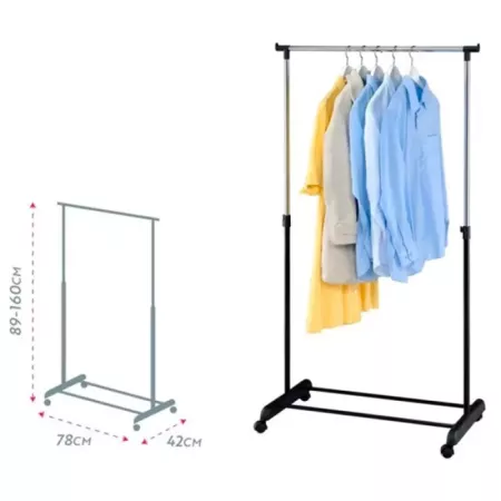 Perchero de acero color negro metalizado con ruedas fácil de montar 78 x 42 x 89 - 160 cm