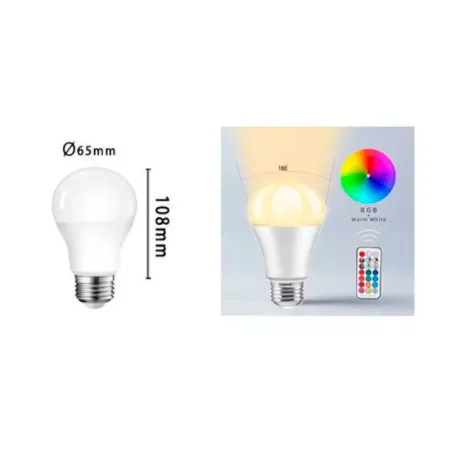 Bombilla led E27 10w luz fría 6400k A+ 125 mm 950 lm con memoria y mando regulador de colores con pila incluida Bombilla led E27 10w luz fría 6400k A+ 125 mm 950 lm con memoria y mando regulador de colores con pila incluida