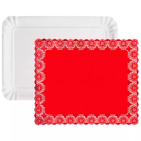 Tradienur - Pack de 6 bandejas con blondas rojas rectangular - Fabricación de cartón que incluyen blondas caladas 100% reciclabl