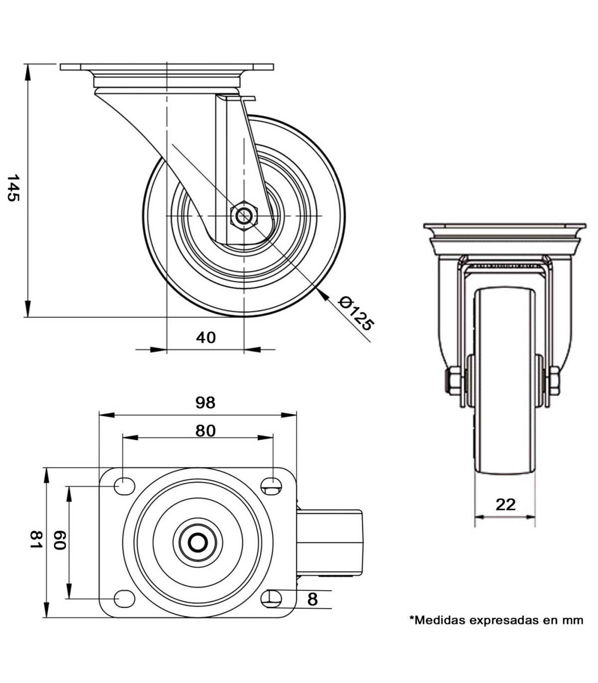 Tradineur - Rueda giratoria para muebles, goma y hierro, incluye placa de  montaje, rueda de transporte para cargas pesadas, indu