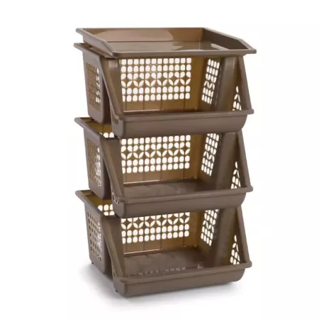 Tradineur - Verdulero apilable modelo PLFT color topo 3 cestas, 57 x 36 x 29 cm. Cestas portaobjetos apliables, estantes multius