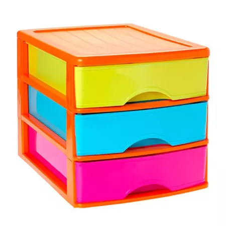Tradineur - Cajonera de sobremesa de plástico, estructura naranja, 3 cajones multicolor 26 x 27 x 35,5 cm. Torre de almacenaje y