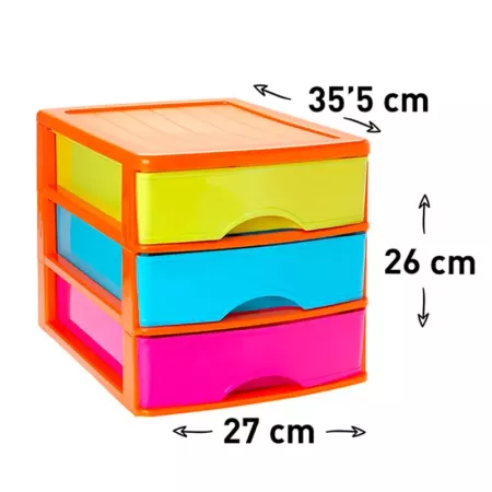 Tradineur - Cajonera de sobremesa de plástico, estructura naranja, 3 cajones multicolor 26 x 27 x 35,5 cm. Torre de almacenaje y