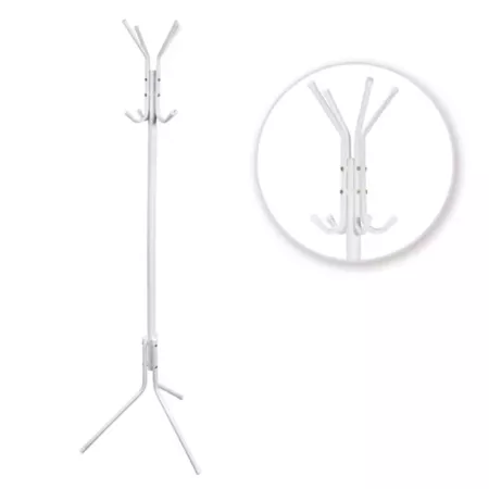 Tradineur - Perchero de pie blanco metálico 8 ganchos 170 x 48 cm, soporte clásico para colgar abrigos, sombreros, bolsos, estil